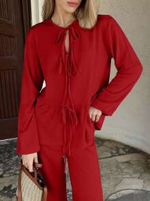 Cloudara WOMEN TWO PIECES OUTFIT WITH TIE KNOT DETAILED - Red - View 7