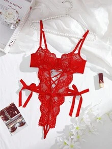 SpicyHot Bodys sexy de encaje y malla con lazo sin entrepierna - Rojo - Ver 6