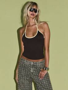 KIZN Halter Neck Tank Top Y2K Fashion Black Crop Top With Contrast Trim Summer Festival Party Clubwear Racerback Sleeveless Cami Basic Essential Top - Multicolor - View 6
