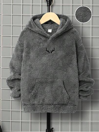 SHEIN Tween Boy Casual Embroidered Double-Sided Fleece Hooded Pullover Sweatshirt , Winter Fall, Grey Top