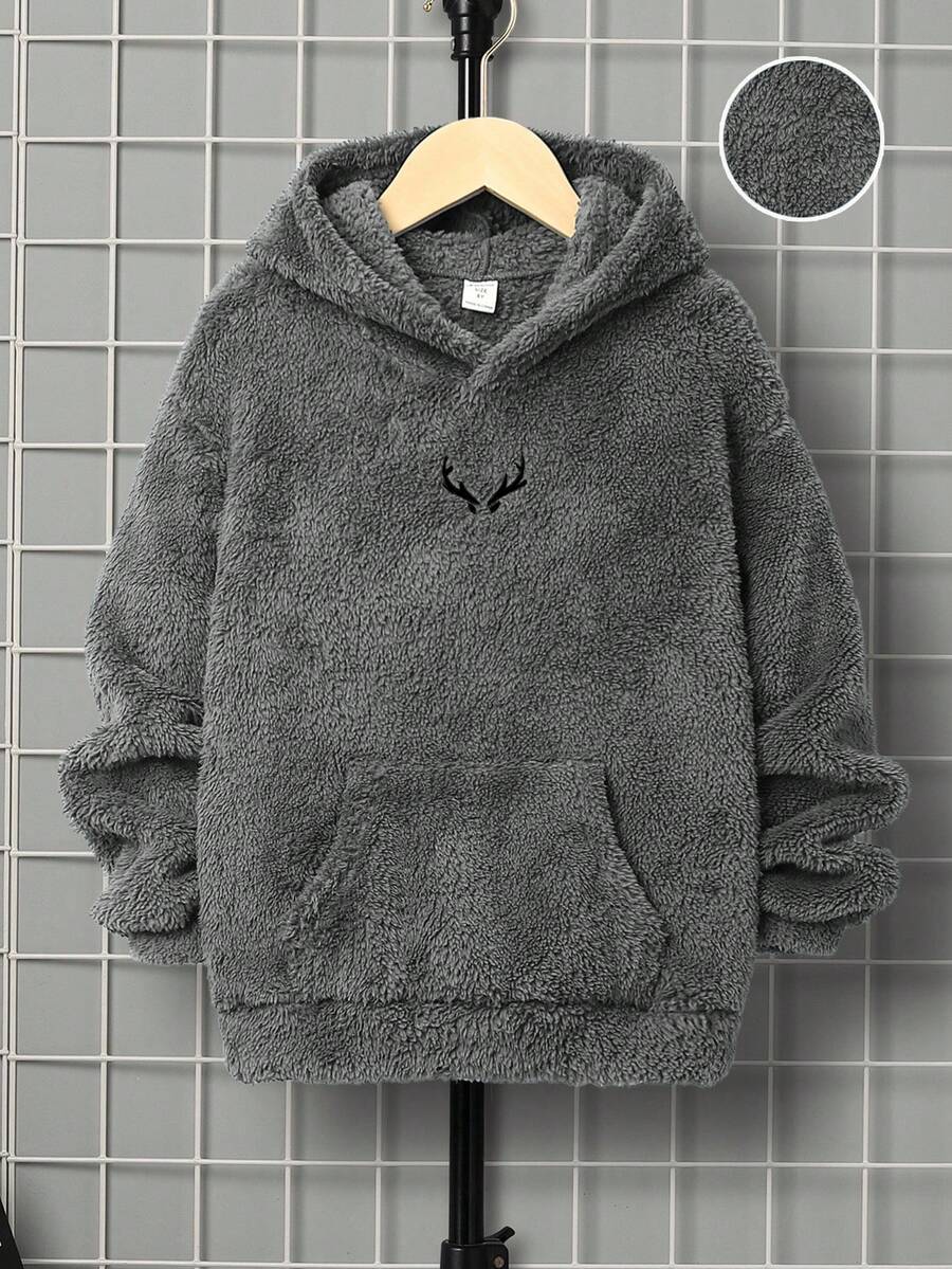 SHEIN Boys' Casual Embroidered Double-Sided Fleece Hooded Pullover Sweatshirt,Winter Set,Winter Clothing,Fall Outfits,Fall Clothing,All Clothes For Kids,Grey Tops, - Grey - View 1