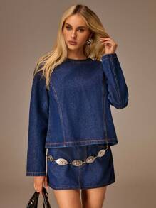 Avantive Women's Navy Blue Autumn Western Denim Top,Elegant Sleeveless A Line Backless Bow Fashion Night Out Party Cocktail Streetwear Y2k Casual Clubwear - Dark Wash - View 4