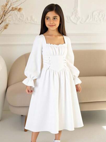 SHEIN Nova Glow Tween Girl Square Neck Flare Sleeve Lace Up Waist Shirred Bust Vintage White Midi Dress For Christmas Graduation Dress