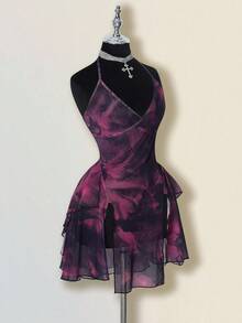 SHEIN ICON 网眼紫色扎染印花透视不对称下摆挂脖系带腰迷你连衣裙 - 紫色 - 查看 5