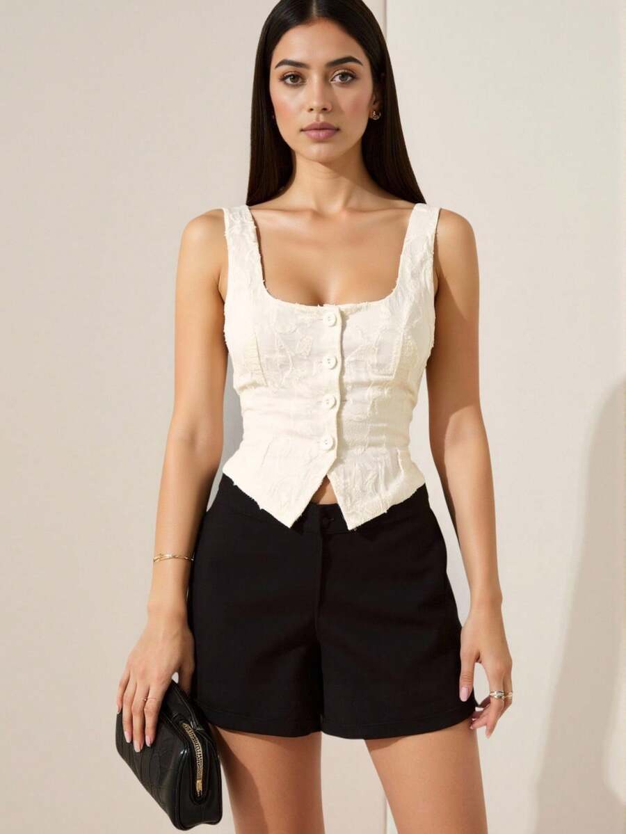 Glamine Chaleco sin mangas de mujer con cuello cuadrado, textura de jacquard, color albaricoque, de corte elegante y temperamento francés, ideal para uso casual de oficina y trabajo - Beis - Ver 1