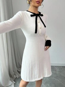 Selianne 1pc High Waist Apricot Colorblock Knitted Long Sleeve Dress With Black Bowknot , Round Neck, Autumn/Winter Fall Cloth For Women - Multicolor - View 6