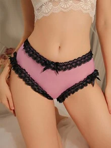 DelicateAllure Quần lót ren viền ren màu đen và hồng tương phản, trang trí nơ, mờ mờ, gợi cảm dành cho nữ - Màu Hồng Tươi - Xem 4