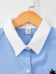 1 件女童翻领长袖纽扣条纹衬衫，正面绣有图案，秋季休闲衬衫 - 彩色 - 查看 5