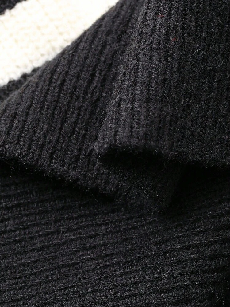 Contrast Striped Loose Crew Neck Long Sleeve Split Casual Street Knit Sweater For Women, Autumn/Winter
