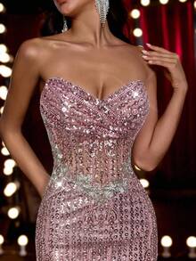 Glamrae Luxurious Beaded Bodice With Ruched Bust, Waist Handcrafted Embellishment, Adjustable Lace-Up Back, Mermaid Silhouette Formal Evening Gown (Heavy Embellished) - Dusty Pink - View 1