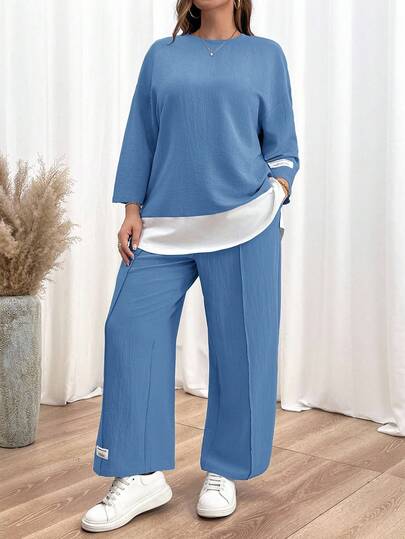 SHEIN Essnce Plus Size Women's Summer And Autumn Casual Loose Patchwork Long-Sleeved Tops And Pants Textured Fabric Purple Two Pieces Set,Pants Sets,Fall Outfits,Back To School Clothes,Curve Plus,Teacher Clothes,Matching Outfits,2pcs Set,Mommy And Me Clothes,Shirt Set