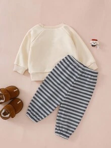 Perso Play Baby Boy Autumn Apricot Sweatshirt With Raglan Sleeves, Flattering Fit, Cute Puppy Graphic, Striped Pants, Essential Daily Outfit - Multicolor - View 2