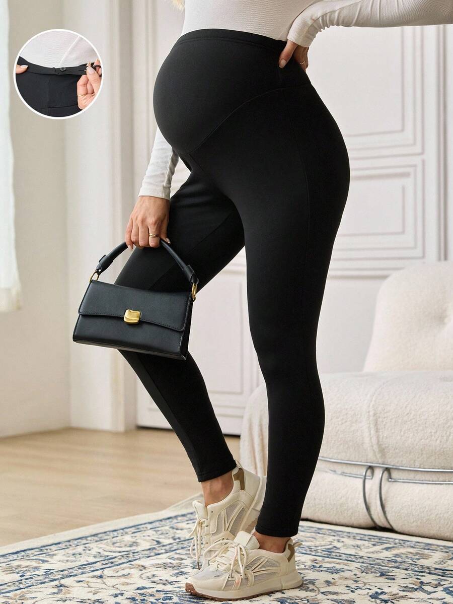 SHEIN Maternity Solid Color Adjustable Buckle Design Skinny Casual Leggings - Multicolor - View 1