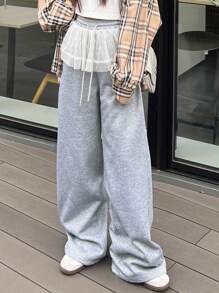 FRIFUL Women's Gray Solid Color Waist Drawstring Patchwork Polka Dot Mesh Flared Loose Casual Straight Pants, Suitable For Airport Travel, Autumn - Grey - View 7