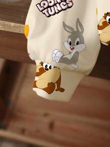 LOONEY TUNES X SHEIN 男婴圆领长袖杏色和米色舒适休闲卡通可爱英文字母印花图案卫衣 - 白色 - 查看 5