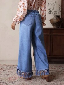 SHEIN LUNE Women's Casual Fringe Hem Wide Leg Cowboy Jeans - Blue - View 2