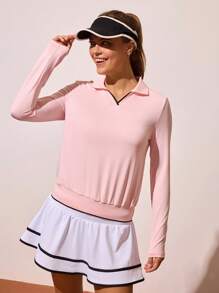Gameset SHEIN Sport 女式 V 领长袖撞色运动 Polo 衫，春/秋粉色网球服女式网球衫女式高尔夫衫健身衫女式长袖运动衫女式防晒衫 - 粉色 - 查看 4