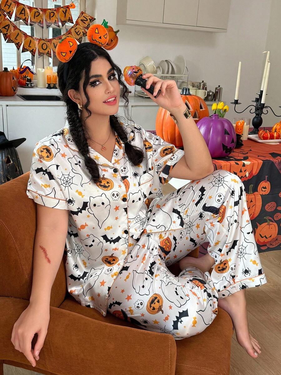 Plus Size Funny Halloween Element Printed Faux Silk Shirt & Pants Pajama Set, For Halloween Party - White - View 1