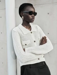 Lumivelle Chaqueta casual de manga larga con botones metálicos decorativos de unicolor - Blanco - Ver 4