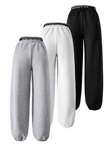 3pcs/Set Tween Girls Loose Casual Basic Multi-Color Design Elastic Waist Contrast Splice Ankle Length Pants, Suitable For Daily, Commute, Leisure, Vacation, Gathering, Street Snap, All Season Chic Outfits For Autumn/Winter Fall