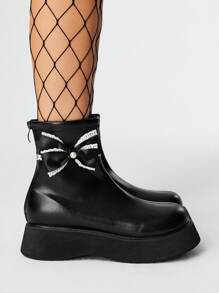 ROMWE Grunge Punk 2.0in Heel Lace Bow Round Toe Zipper Back Punk Style Leather Platform Ankle Boots, Casual Thick Sole Ankle Boots For Women - Black - View 7
