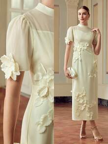 ZEYLAH 女式纯色立领短袖优雅花卉拼布中长连衣裙 - 杏色 - 查看 7