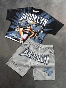 PAVTROS 男士休闲印花T恤和短裤套装，夏季，2000年代风格 - 彩色 - 查看 5