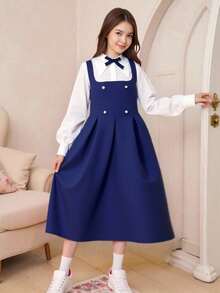 Navy Blue Long Sleeve Elegant Commuter Dress For Teenage Girls Fall Winter - Navy Blue - View 3