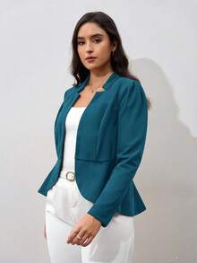 SHEIN Clasi Plus Notched Detail Ruffle Hem Blazer,Business Casual Woman In Fall/Winter - Cadet Blue - View 6