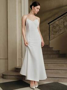 Anewsta 性感细肩带珍珠链露背美人鱼下摆连衣裙，海滩度假风格 - 白色 - 查看 2