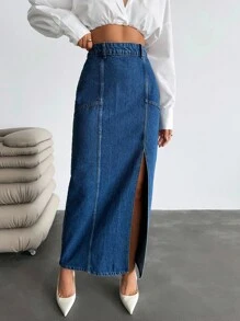 SHEIN Cottnline Chân váy denim dài xẻ tà phía trước lưng thấp - Rửa trung bình - Xem 7