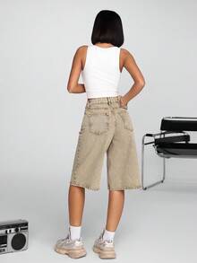 RueChic Women Y2K Style Solid Color Denim Shorts, Fashionable For Summer Women Summer Clothing Women S Clothes Women Clothing Y2k Women Summer Sets Women Plus Clothing Shorts - Beige - View 2