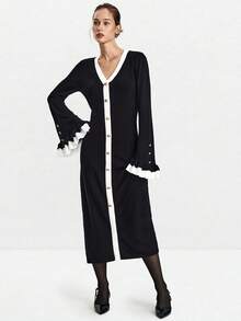 SHEIN Luminelle Váy len tay loe phối màu thanh lịch dành cho người đi làm - màu đen - Xem 6