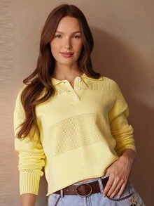 WESTFADE Mixed Stitch Collared Button Front Long Sleeve Cropped Polo Knit Sweater Cute Fall Autumn Clothes For Women Country Concert - Yellow - View 3