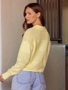 WESTFADE Mixed Stitch Collared Button Front Long Sleeve Cropped Polo Knit Sweater Cute Fall Autumn Clothes For Women Country Concert - Yellow - View 5