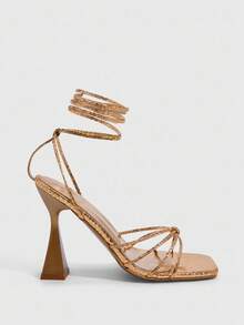 CUCCOO SZL Rose Gold Metallic Strap Tie-Up Metallic Chic Sexy High Heel Square Toe Sandals - Rose Gold - View 3