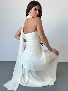 Firerie 女士休闲优雅网眼刺绣雪纺连衣裙 / 秋季女装 / 女士约会夜装 / 露肩 / 飘逸连衣裙 / 教堂礼服 / 婚礼宾客礼服 / 优雅返校节礼服 / 节日礼服 / 派对礼服 / 雪纺飘逸裙 / 伞裙 - 杏色 - 查看 8