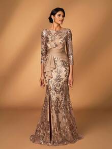 Serin Elegant Luxurious Embroidered Lace Sequin Satin Ruffle Sheer Long Sleeve Mermaid Slit Dress, Suitable For Wedding, Party, Vacation, Prom, Evening Gown, Mother Of The Bride, Valentine's Day - Champagne - View 5