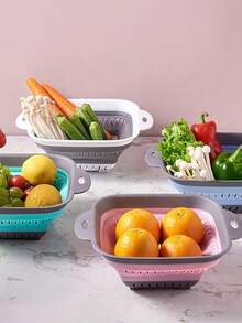 SHEIN 1pc/2pcs Foldable Collapsible Drain Basket, Small/Large, Square/Round Shape, Space-Saving Storage, Convenient For Kitchen Vegetable Fruit Cleaning And Rapid Draining - Multicolor - View 5