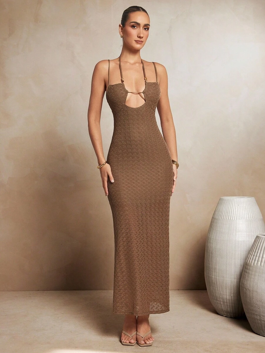 L'Amorae Beaded Strap Crochet Front Cut Out Dress - Brown - View 1
