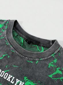 ROMWE MEN Street Life Men's T-Shirt With Street American Design, Special Fabric With Ripped Lightning Effect - Black - View 6