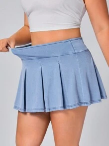 SHEIN Essnce Plus Size Women's Spring/Summer Knitted Denim Pleated Skirt With Shorts - Light Wash - View 6