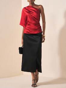 Zivah 20  Autumn/Winter New Styles For Birthday Parties, Back To School, Preppy Style, Student Wear, Everyday Outings, Basic And Versatile, Leisure, Vacation, Cruise, Beach, Seaside, Sunbathing, Influencer Hot Style, Street Style, Elegant, Commuter, Business Casual, One-Shoulder Asymmetrical Shoulder Mid-Length Sleeves, Side Gathering, Shiny Satin, Loose Fit, Reddish Brown, Summer Tops, Women's Tops And Shirts - Redwood - View 6