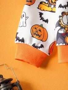 GARFIELD | SHEIN 2pcs Baby Boy Halloween Pumpkin, Ghost & Bat Graphic Crew Neck Long Sleeve Sweatshirt And Pants Knit Loose Fit Set