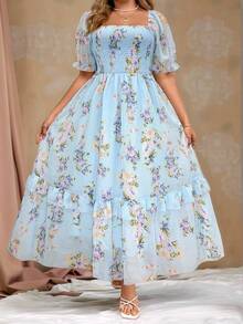 Roveilla Plus Size Romantic Chiffon Printed Puff Sleeve Dress Maxi Women Outfit - Blue - View 1