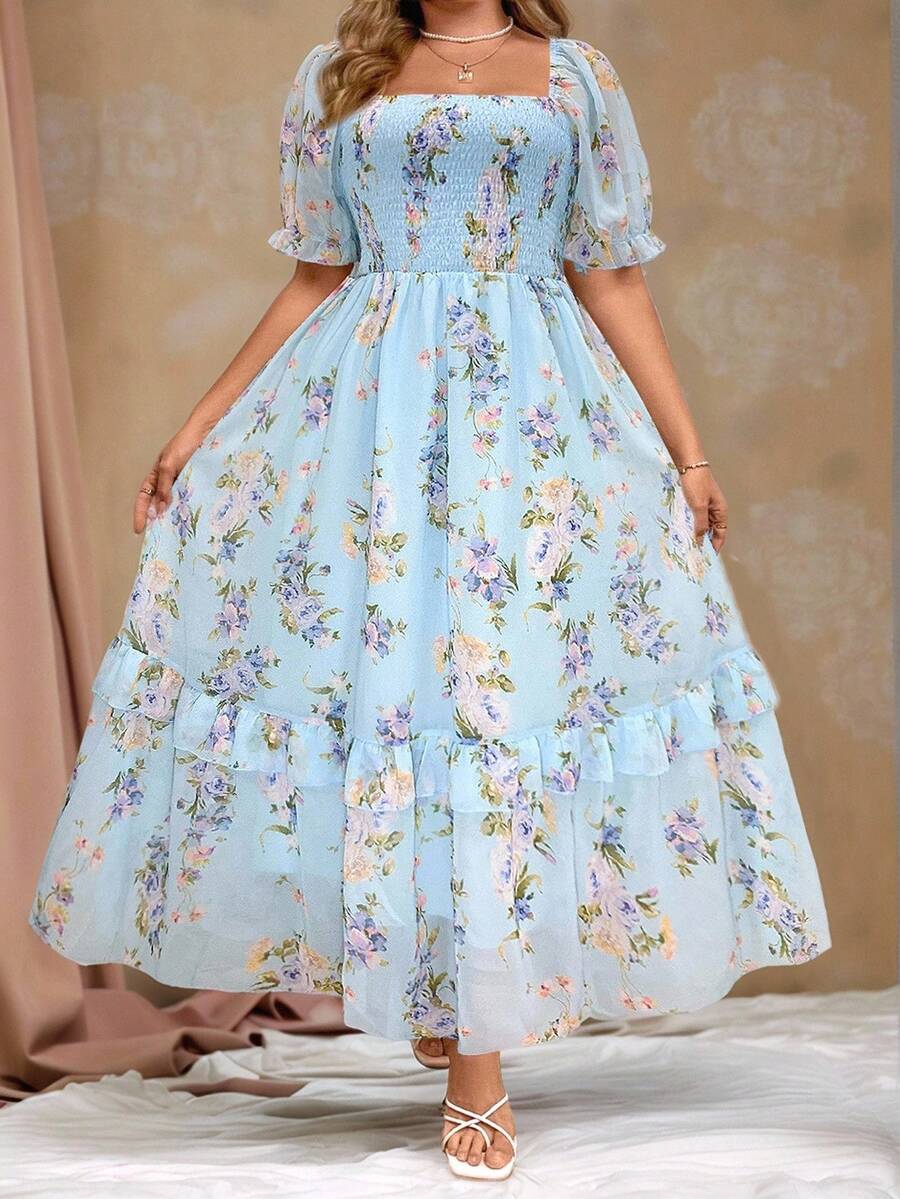 Roveilla Plus Size Romantic Chiffon Printed Puff Sleeve Dress Maxi Women Outfit - Blue - View 1