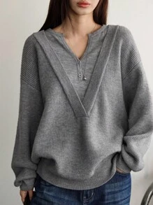 Dazy-Less Women's Loose Business Casual V-Neck Patchwork Pullover Sweater, Suitable For Commuting And Office Wear, Autumn/Winter - Grey - View 2