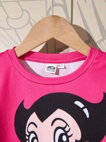 Astro Boy X SHEIN T-shirt tricoté à col ras-du-cou à manches longues avec figure de dessin animé de jeune fille