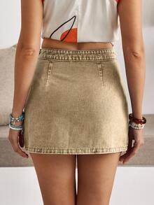 Breezaya Minifalda de mezclilla casual de mujer con abertura lateral y detalle de volantes