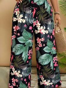 SHEIN VCAY Plus Size Women Tropical Plant Print Elastic Waist Wide Leg Pants